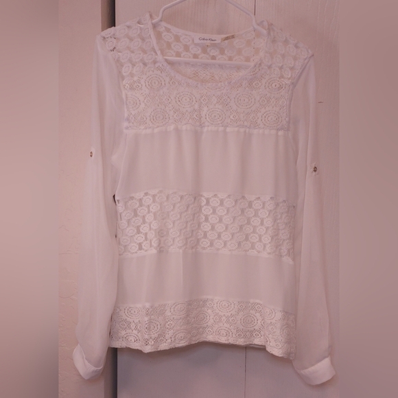 Calvin Klein White Chiffon Lace Crochet Detail Blouse Size Small Sheer Top Boho - Picture 2 of 11